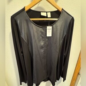 CHICOS "LARA" LEATHER INSET SCOOP NECK TOP Size 2 NWT